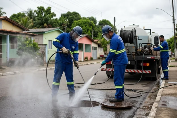 Equipamento de hidrojateamento em Manacapuru, mostrando sua operação efetiva.