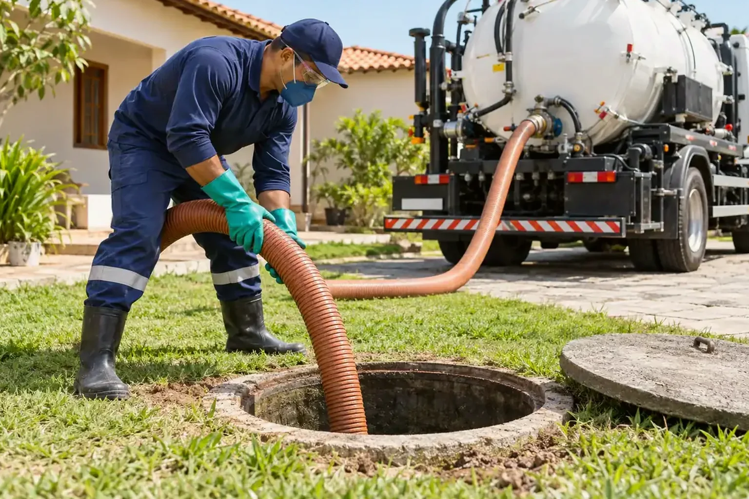 Profissionais fazendo manutenção preventiva de redes de esgoto em Manacapuru.