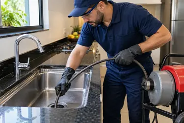Profissional realizando desentupimento em pia em Manacapuru.