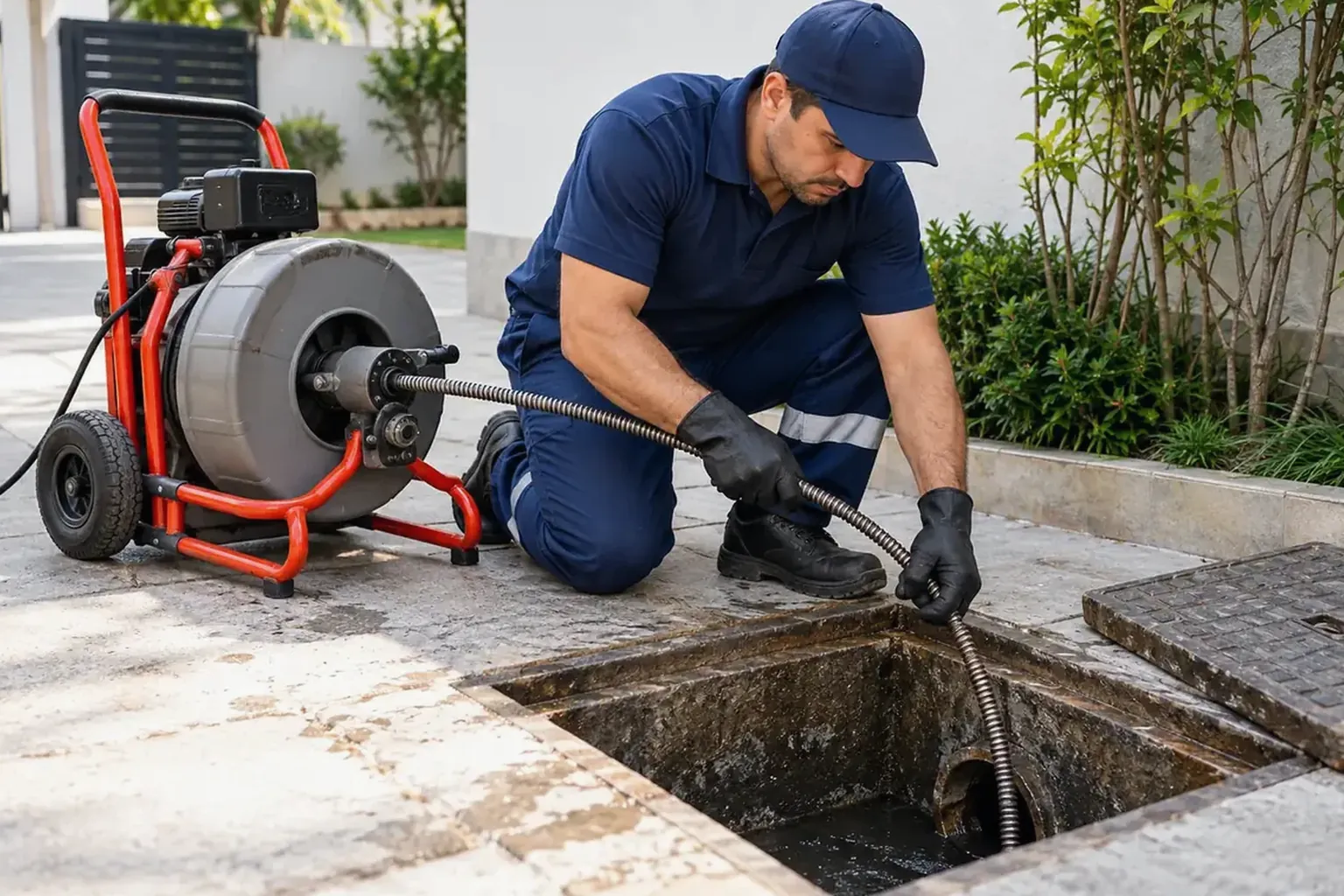 Técnico desentupindo esgoto em Manacapuru.